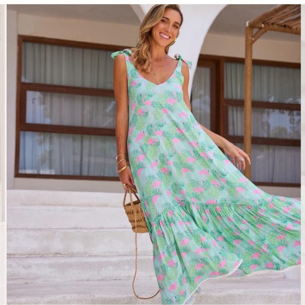 Kenny Flowers Mint Green Tropical Print Tie-Shoulder Maxi Dress